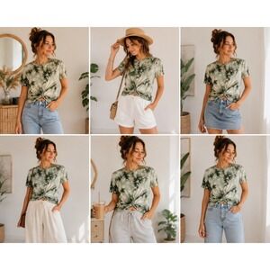 Hearts & Hips Tie Dye Top Womens XS Green Rayon Twist Front Knot Stretch Tee Bl